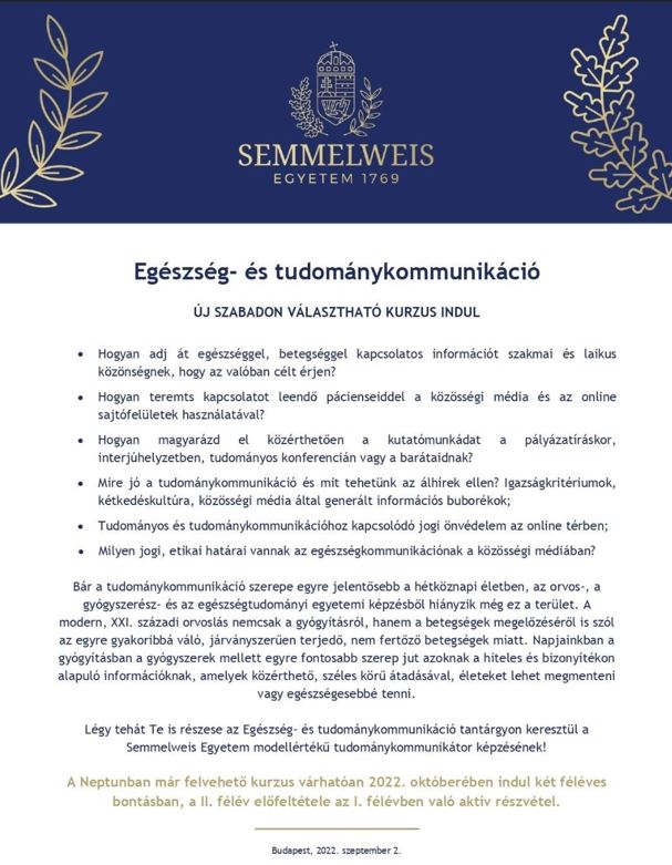 Semmelweis Egyetem Egészség-és tudománykommunikációs kurzus (2022)